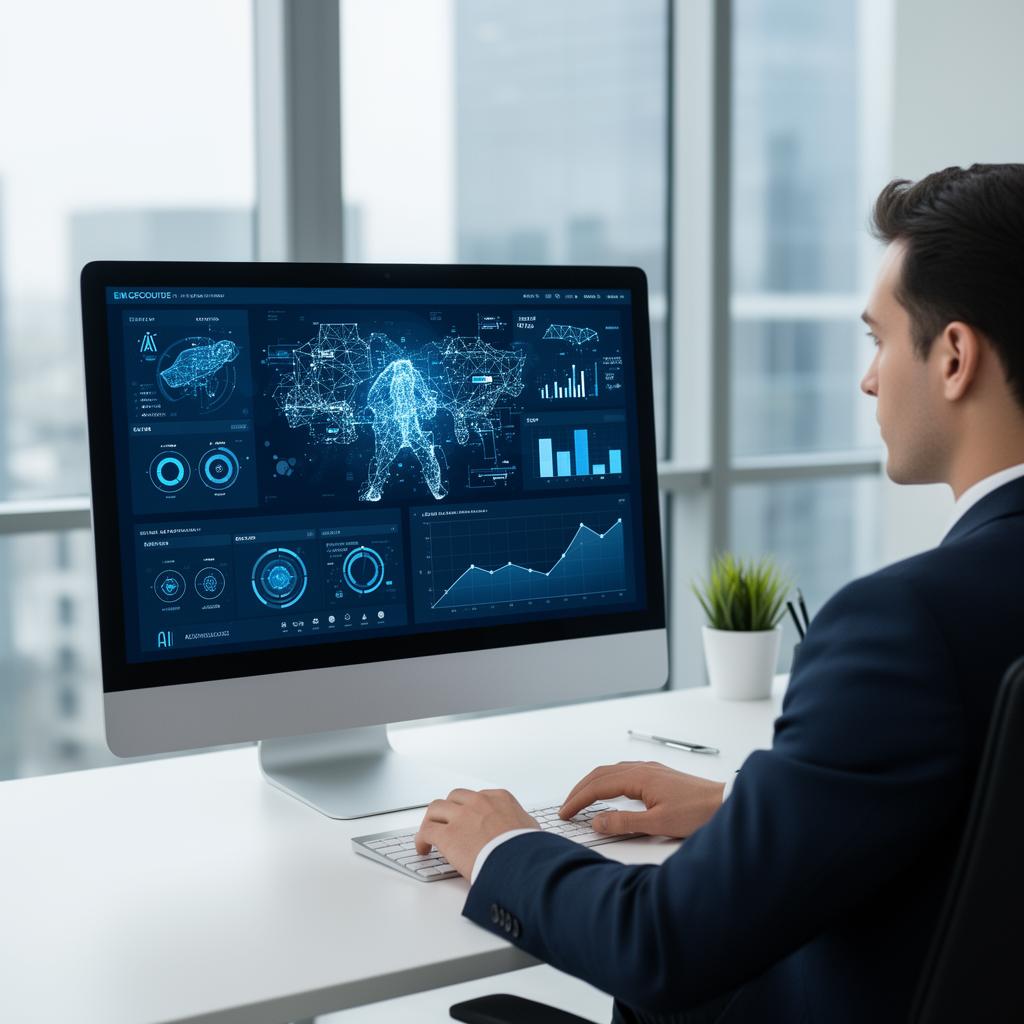Professional working with AI-powered analytics dashboard showing business insights